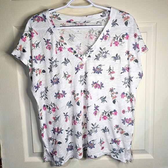 Lucky Brand White Floral V-Neck Blouse – Short Sleeve Casual Top, Women's Size M - Picture 2 of 6